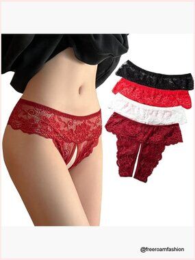 Plus Size Lace Thong Panties Crotchless Design Floral Lingerie